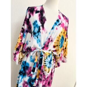 Vintage 90s Boho Tie Dye Rayon Kimono Robe S/M